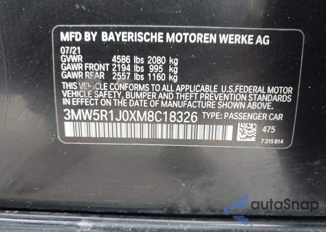 2021 BMW 330I from USA, damaged, VIN 3MW5R1J0XM8C18326